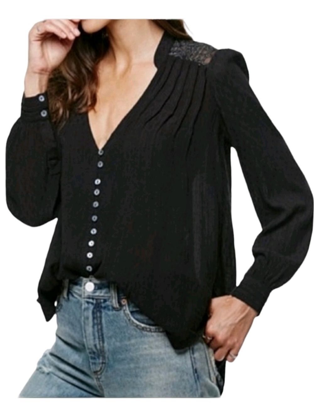 Free People Womens Black Canyon Rose Button Front Long Sleeve Shirt Size Large